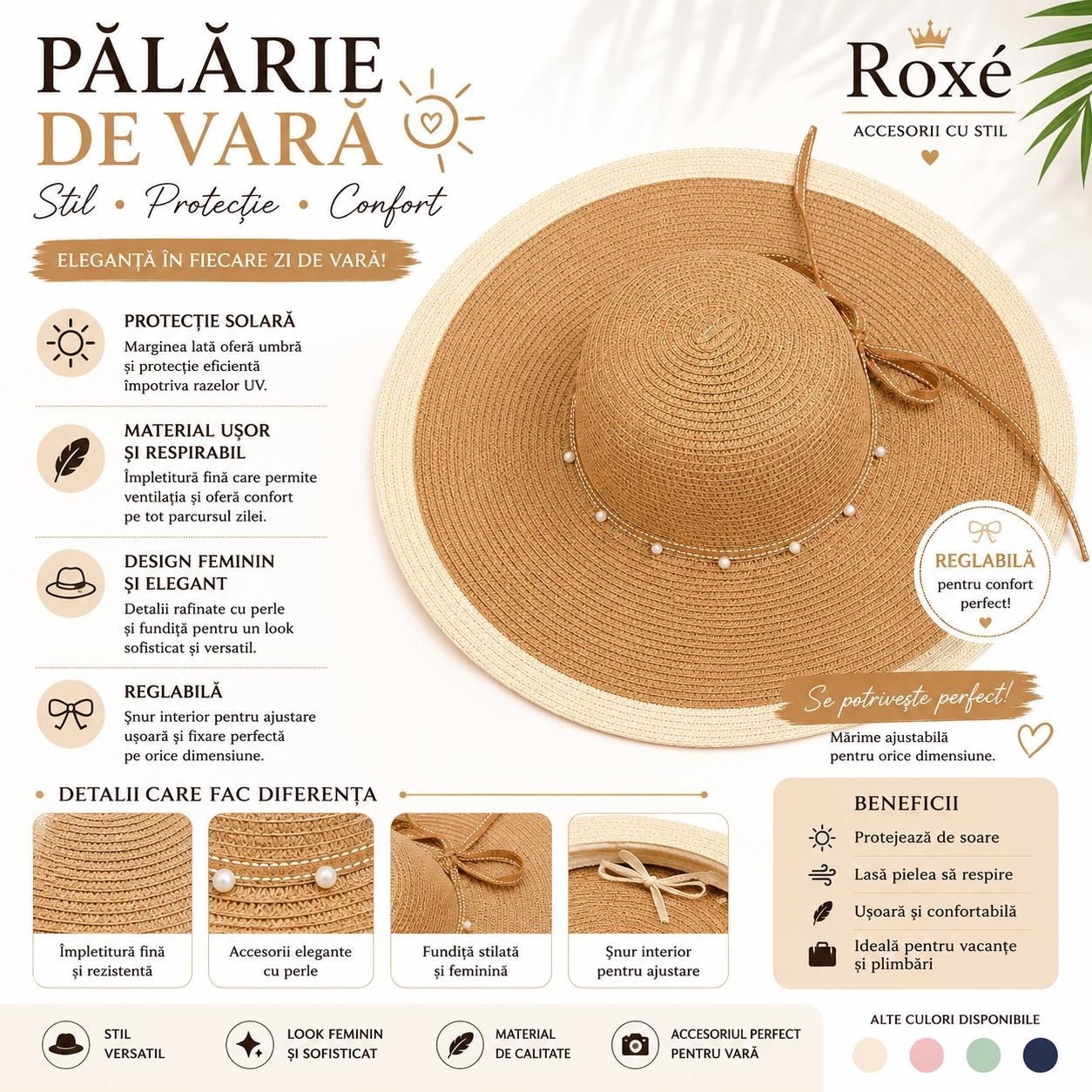 Pălărie Damă de Vară Maro-Bej cu Bor Lat și Perle – Reglabilă, Elegantă, Protecție UV 2