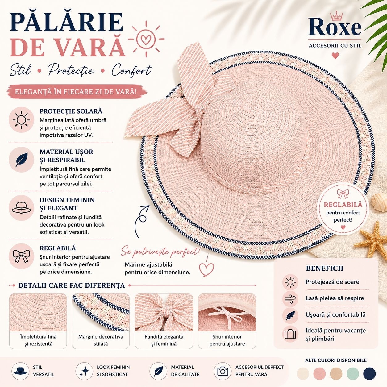 Pălărie Damă de Vară Roz Pudrat cu Fundă Decorativă și Bor Lat – Reglabilă, Elegantă 2