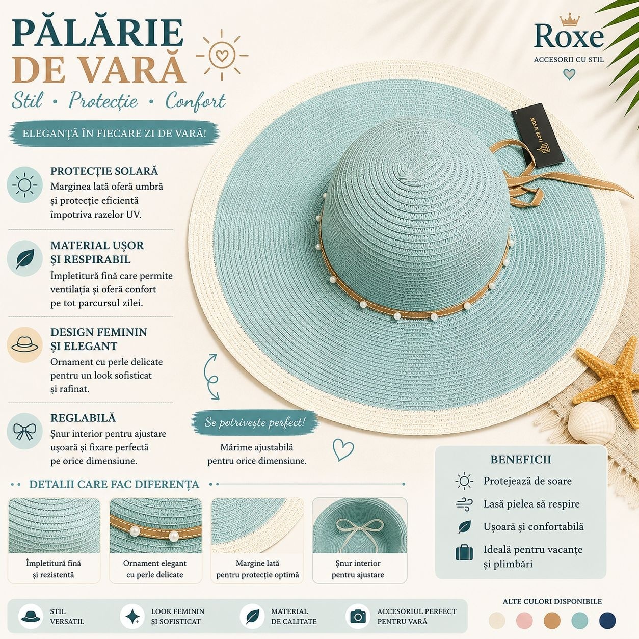 Pălărie Damă Turcoaz de Vară cu Bor Lat, Ornament cu Perle și Margine Crem 2