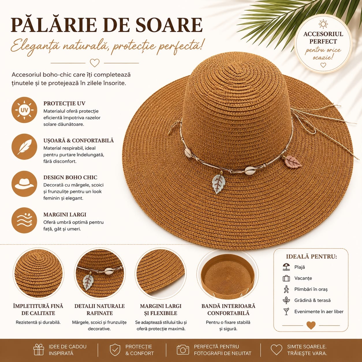 Pălărie de Soare Damă Maro cu Bor Lat și Accesorii Boho 2