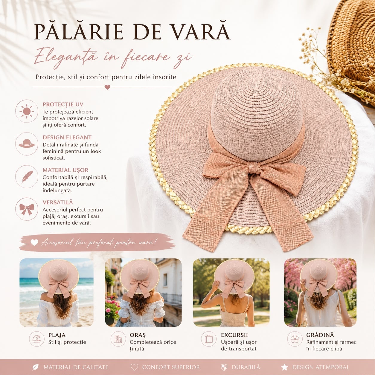 Pălărie de Soare Damă Roz Pudrat cu Fundă Elegantă și Bor Lat 2