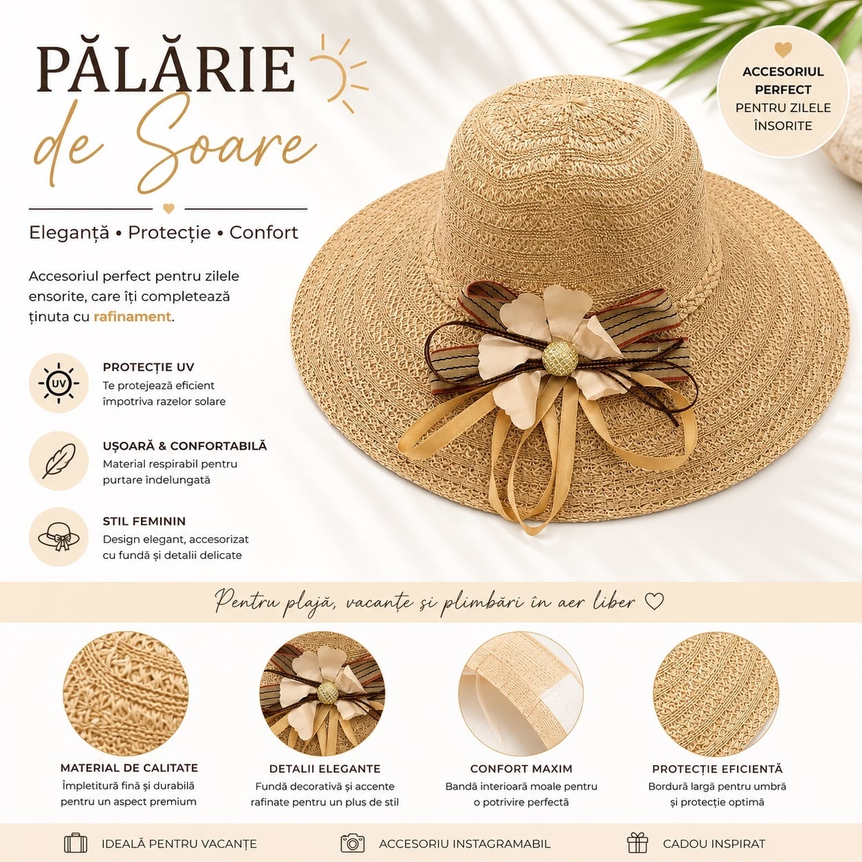 Palarie de Soare pentru Dama Bej cu Boruri Largi si Floare Decorativa 2