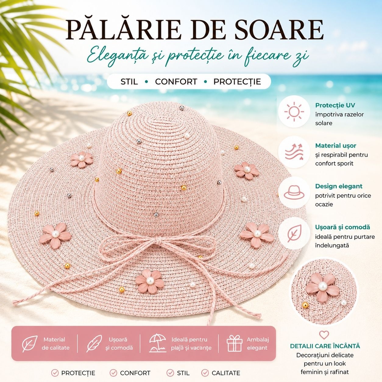 Palarie de Soare Roz Eleganta cu Flori Decorative pentru Plaja si Vacante 2