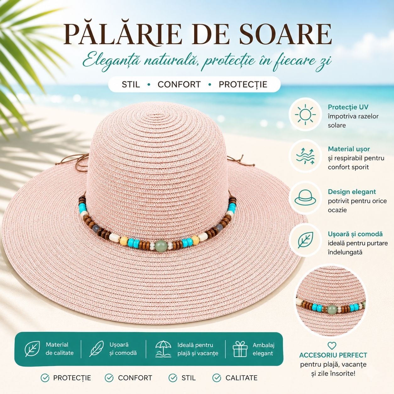 Palarie de Soare Roz pentru Femei cu Accesorii Decorative si Protectie UV 2