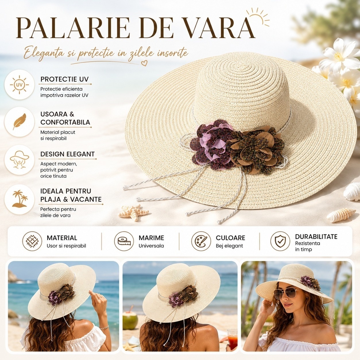 Palarie de Vara Bej pentru Femei cu Aplicatii Florale Elegante si Bor Larg 2