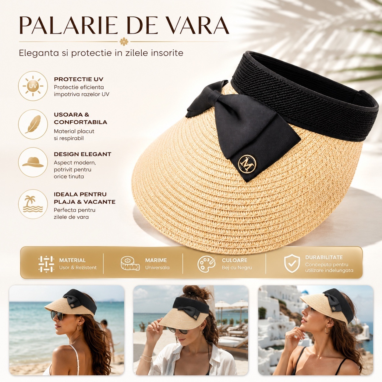 Palarie de vara dama tip viziera bej cu funda neagra pentru plaja si protectie UV 2