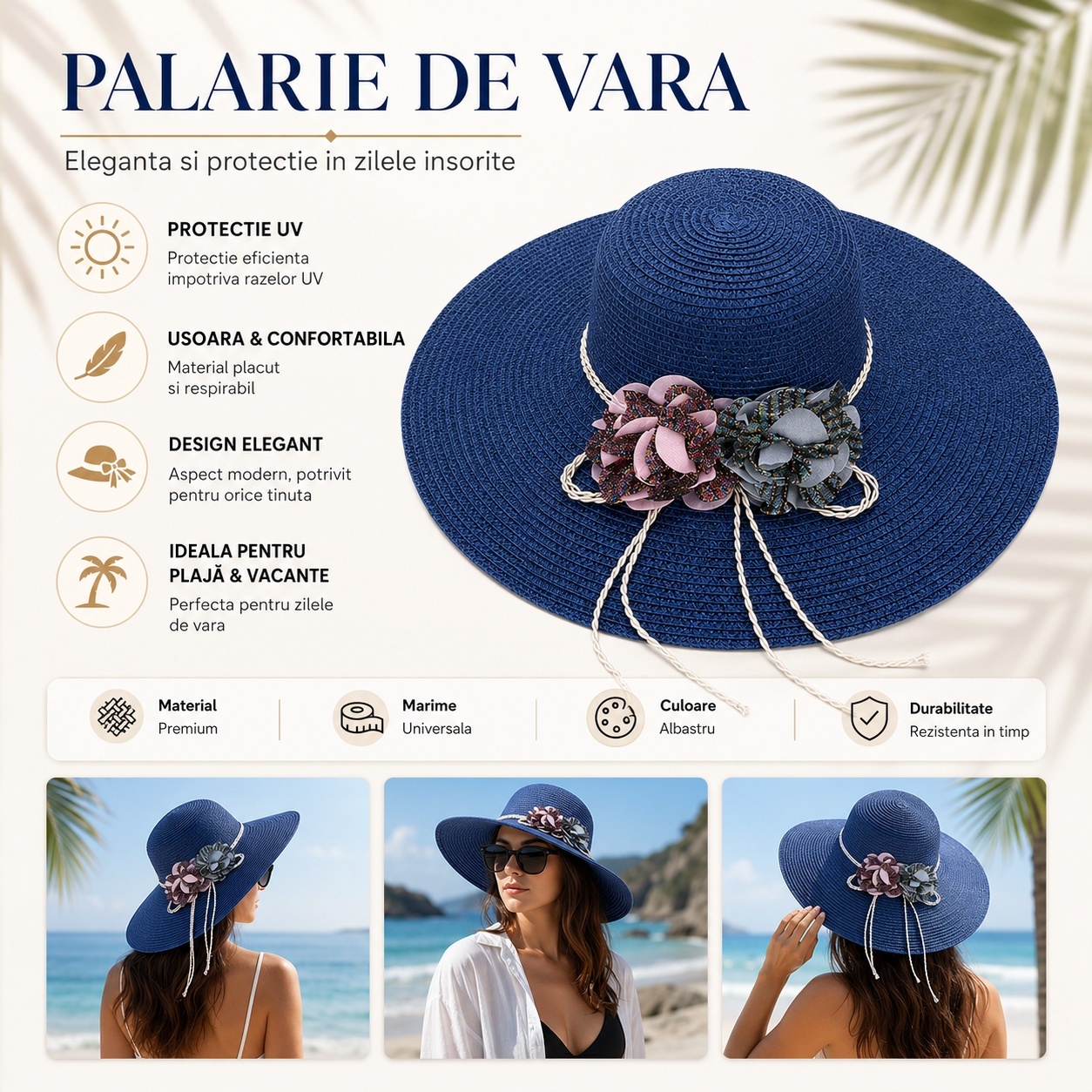 Palarie de vara eleganta albastra cu flori decorative pentru plaja si vacante 2