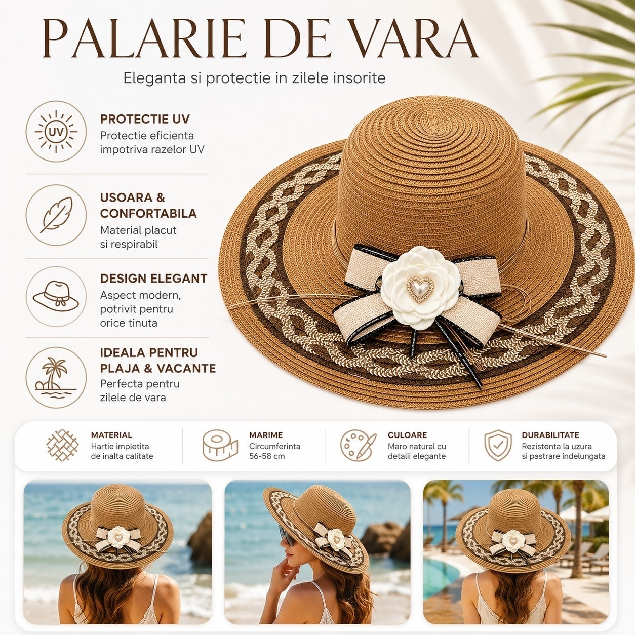 Palarie de Vara Maro pentru Femei, cu Bor Lat, Floare Eleganta si Protectie UV 2