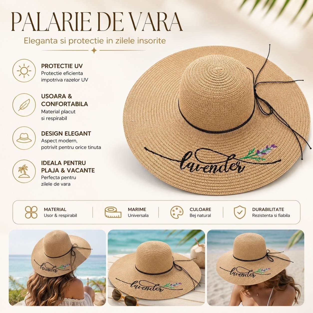 Palarie de Vara pentru Femei, Bej cu Broderie Lavender si Bor Extra Lat Elegant 2