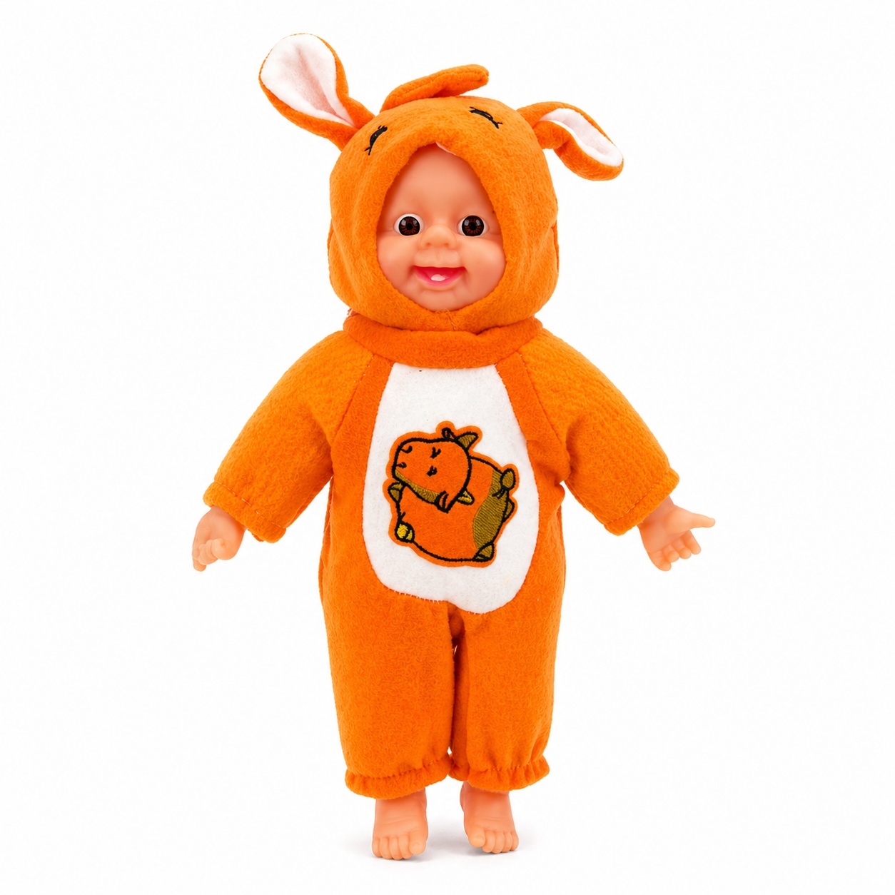 Papusa bebelus 35cm care rade, costum portocaliu cu gluga, jucarie copii