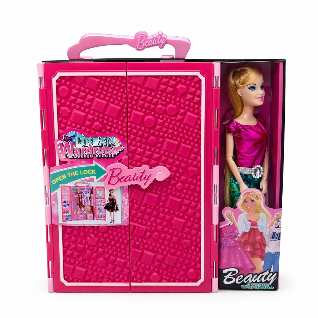 Papusa cu dressing si accesorii, set Dream Wardrobe, haine si incaltaminte incluse, roz, 32x27x6 cm