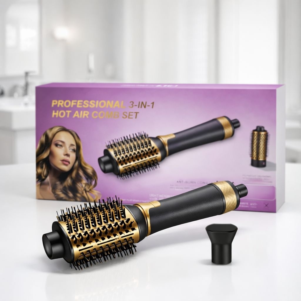 Perie rotativă cu aer cald 3-în-1 pentru coafat, uscător și volum păr cu accesorii