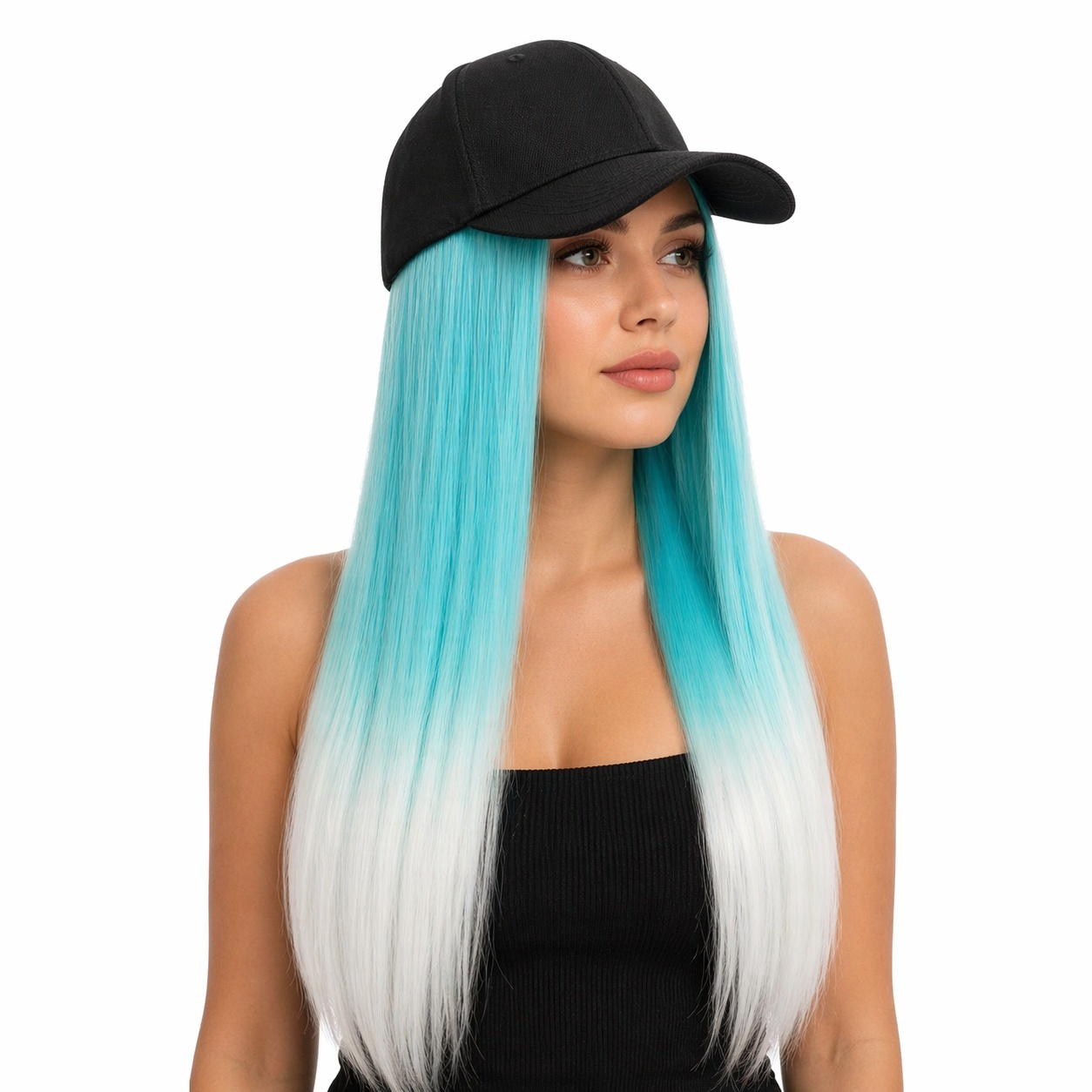 Peruca lunga 50 cm cu sapca neagra, par albastru cu efect ombre alb 2