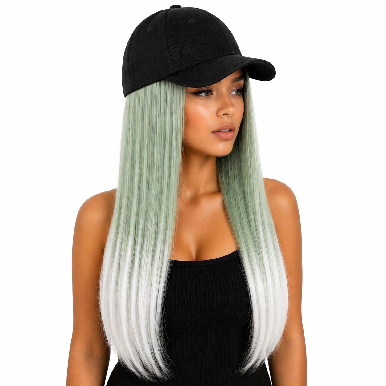 Peruca lunga 50 cm cu sapca neagra, par verde cu ombre alb 2