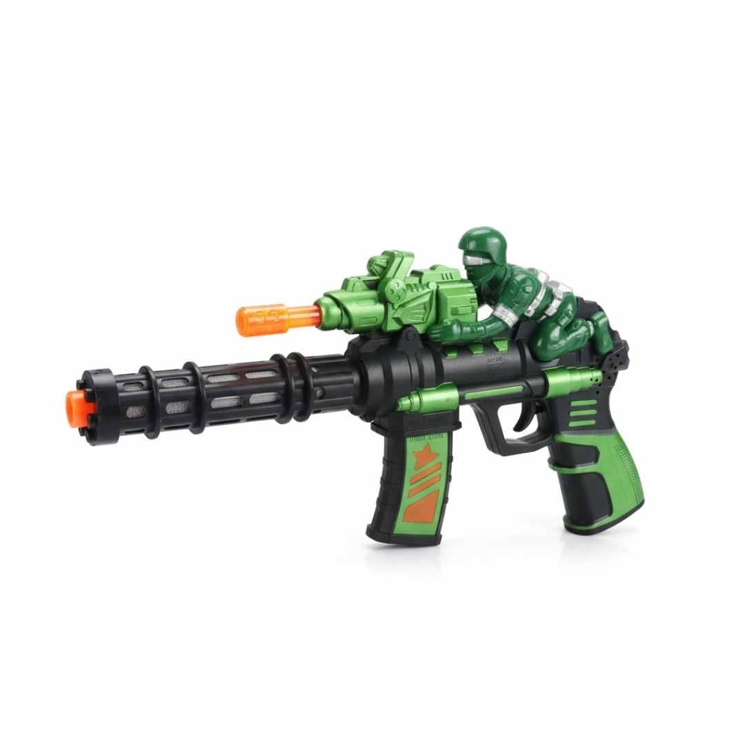 Pistol jucarie 23 cm cu lumini si sunete, model militar cu soldat verde 2