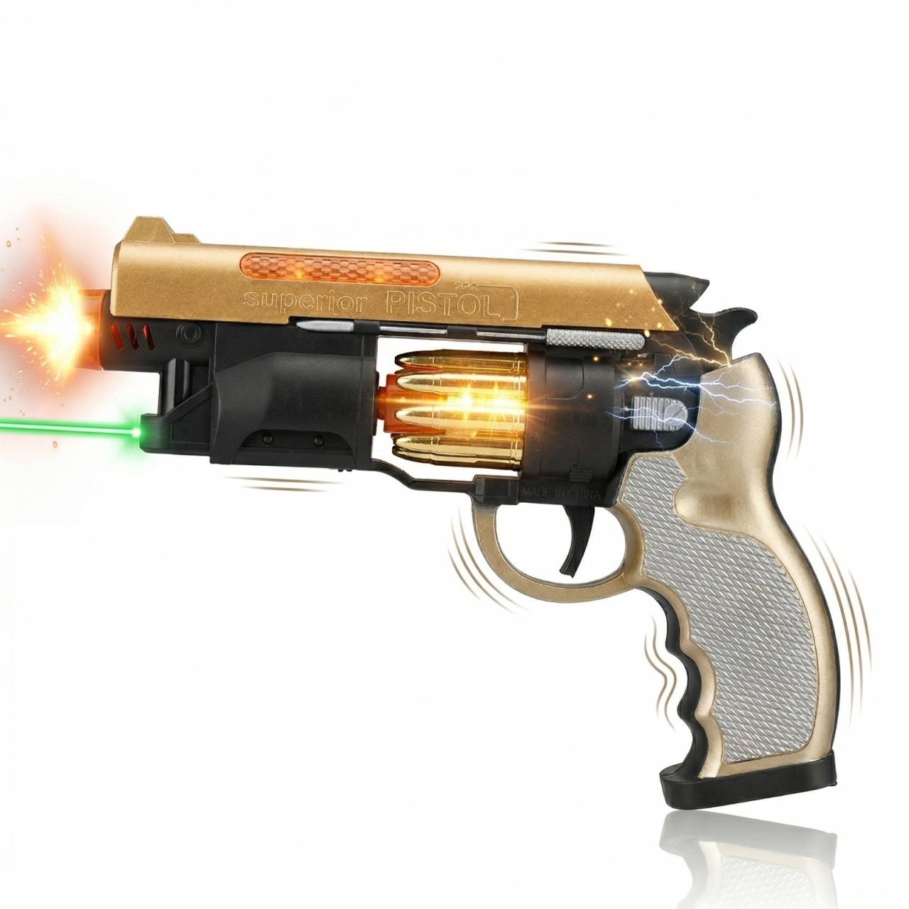 Pistol jucarie electric 23 cm, auriu cu lumini si sunet, model revolver