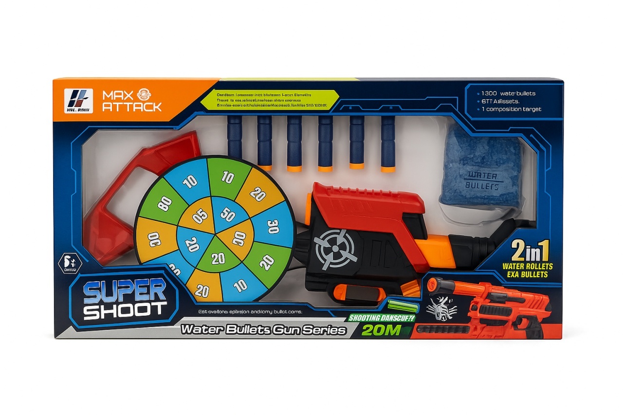 Pistol Jucarie Super Shoot 2in1 cu Tinta, Bile cu Apa si Darts , Set complet 2
