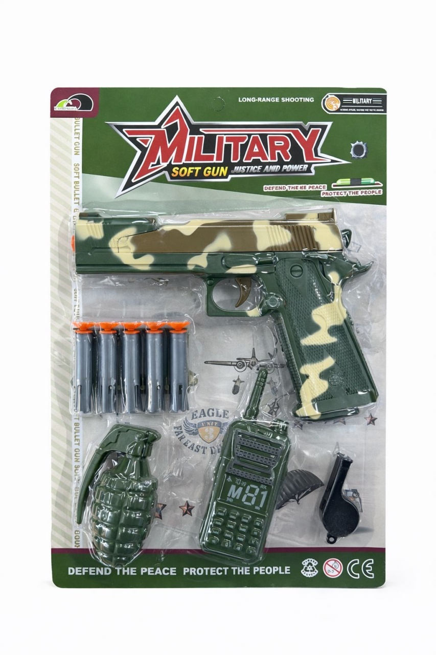 Pistol jucarie tip militar verde 19 cm, soft gun cu accesorii si gloante cu ventuze 2