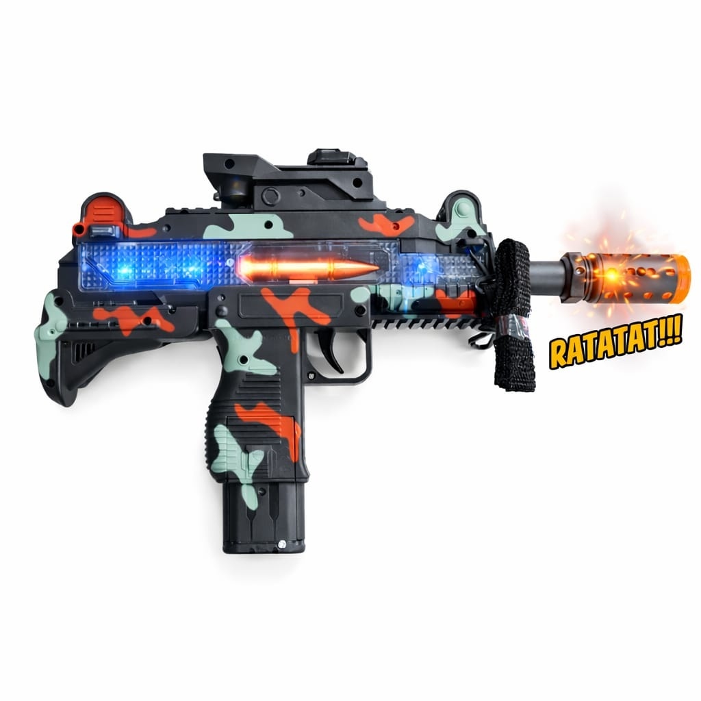 Pistol mitraliera de jucarie cu lumini si sunete, design camuflaj copii