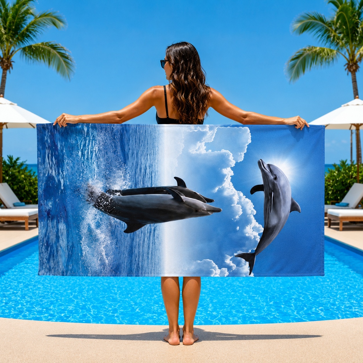 Prosop de Plajă cu Delfini și Peisaj Marin 70x140 cm – Microfibră Premium cu Uscare Rapidă
