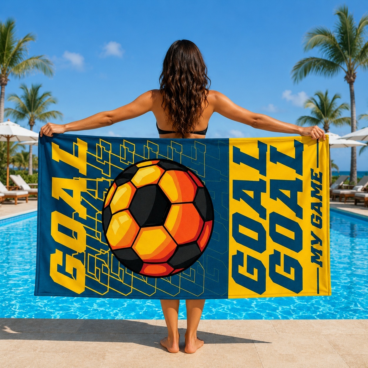 Prosop de plaja model dinamic cu minge de fotbal, 70x140 cm