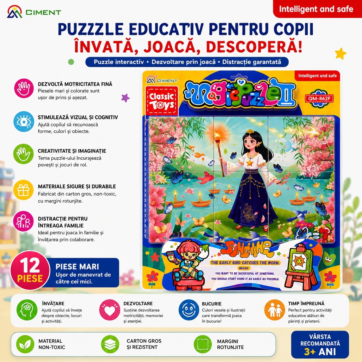 Puzzle educativ copii cu printesa si peisaj magic, dezvoltare logica si creativitate 40x30 cm 2