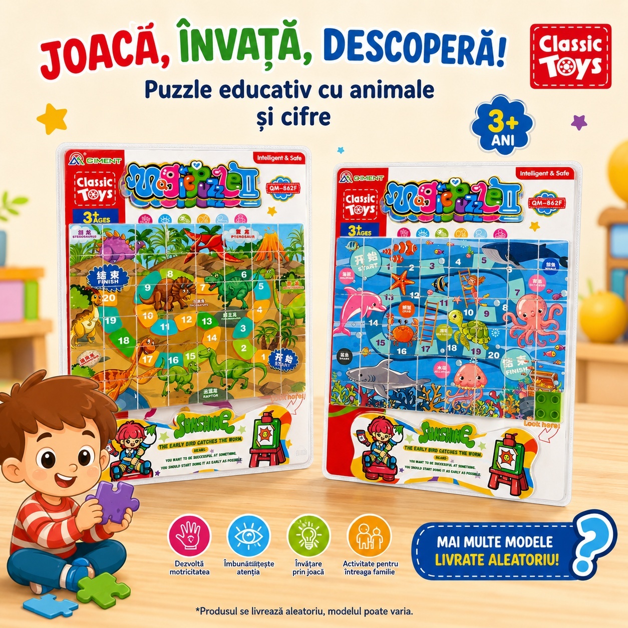 Puzzle Educativ pentru Copii 40x30 cm, Modele Diverse cu Animale și Cifre 3