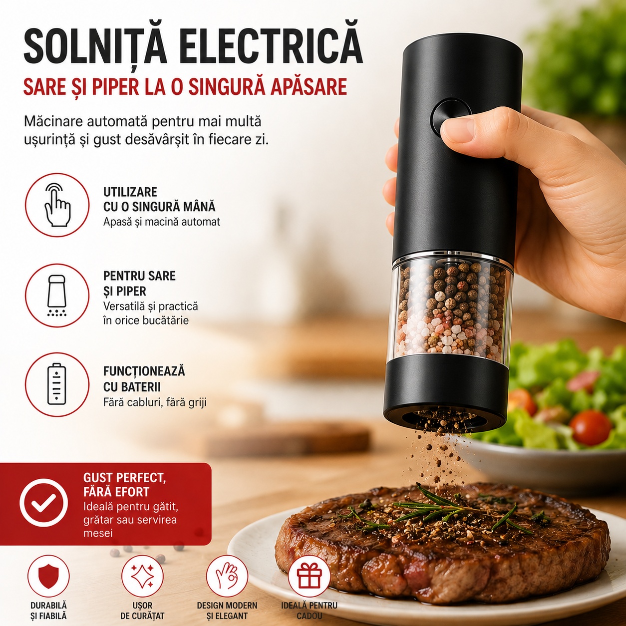 Râșniță Electrică pentru Sare și Piper, Neagră, 18 cm – Funcționare pe Baterii 4