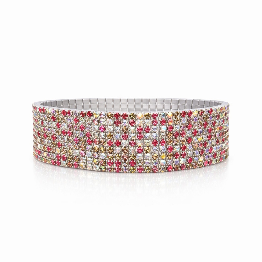 Set 12 bratari ROXE argintii elastice cu pietre multicolore roz si aurii elegante 2