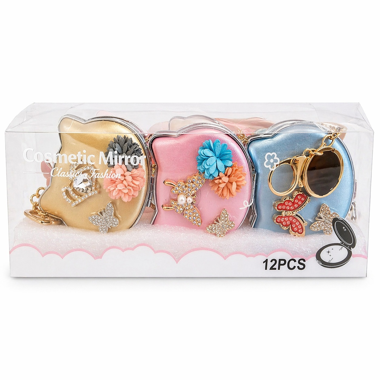 Set 12 oglinzi cosmetice, 7,5 cm, forma pisică, diverse modele, portabile cu breloc