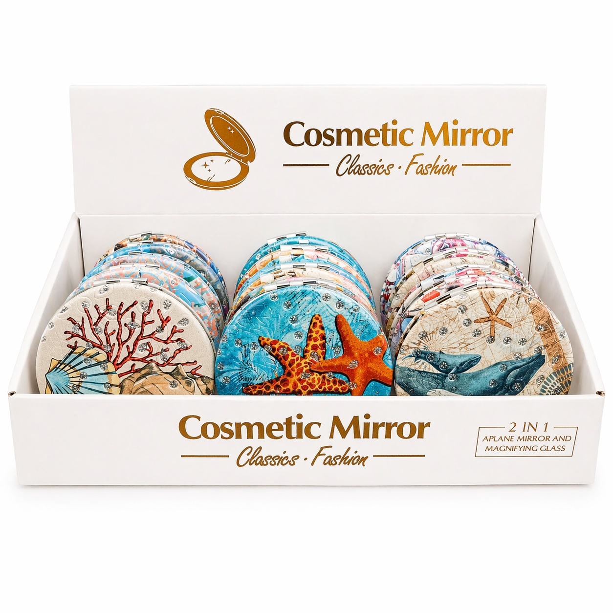 Set 12 oglinzi cosmetice 7 cm , elemente marine, oglindă dublă, compacte și elegante