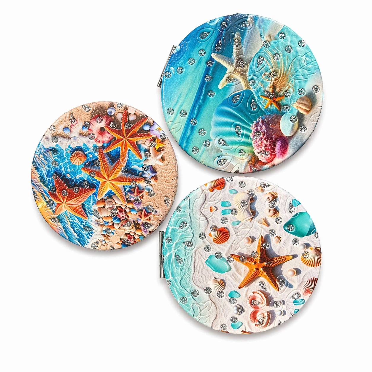 Set 12 oglinzi cosmetice 7 cm model stea de mare, oglindă dublă, compacte, portabile 2