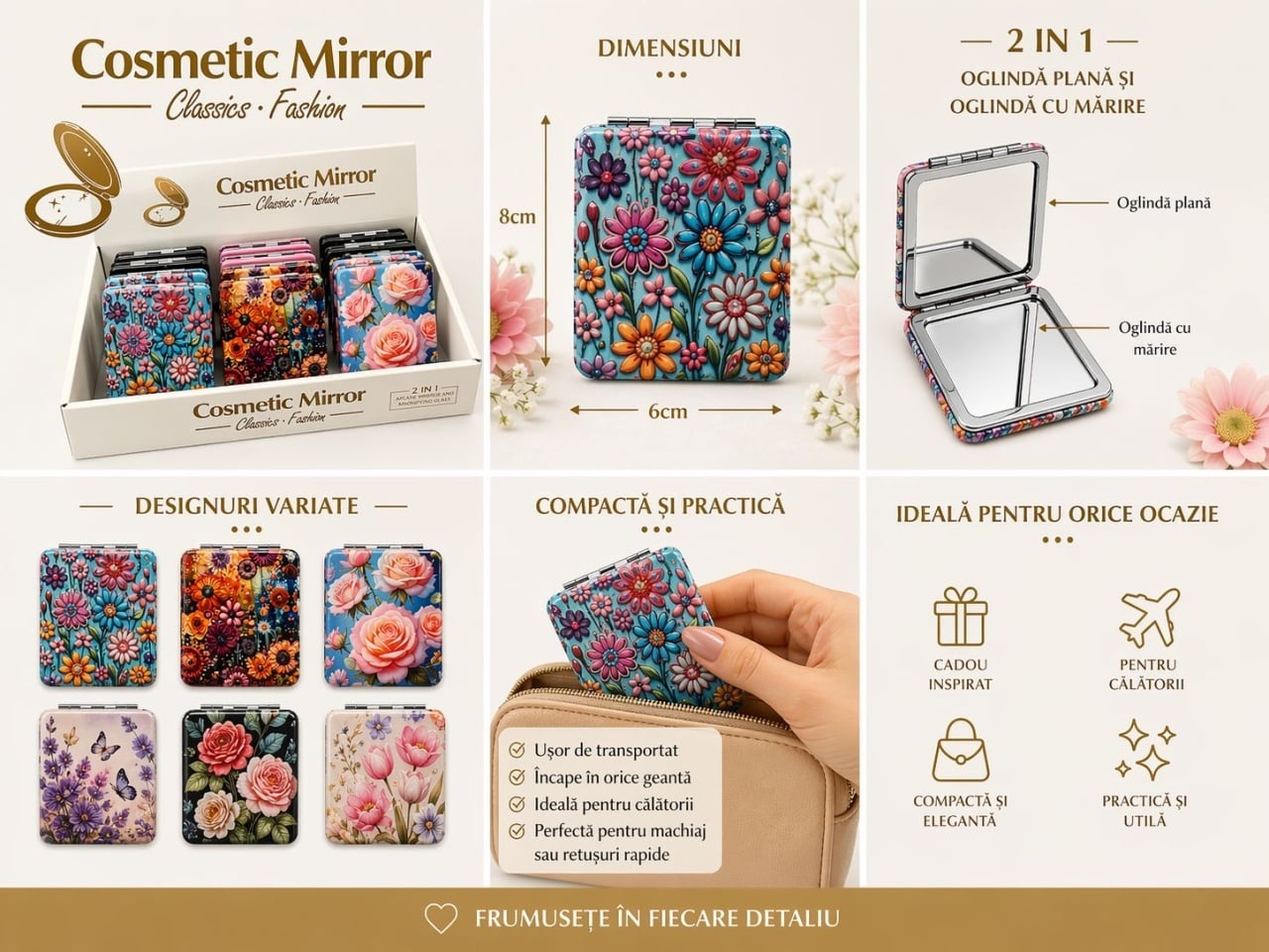 Set 12 oglinzi cosmetice buzunar 2 in 1 cu flori, compacte si elegante 2