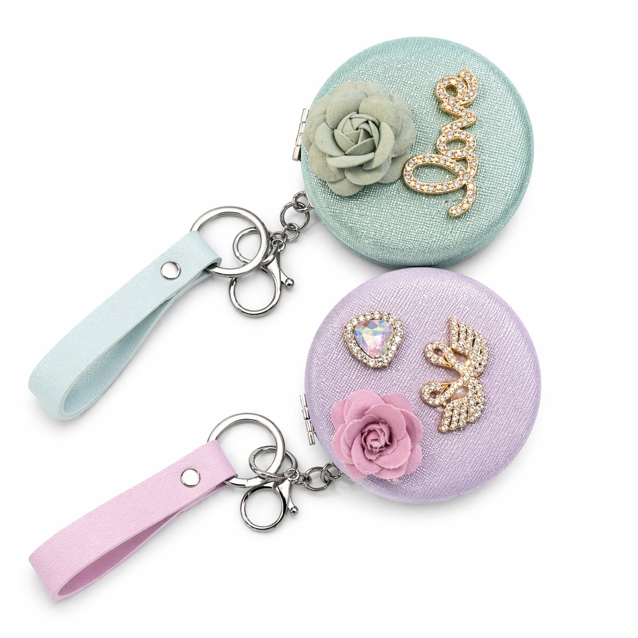 Set 12 oglinzi cosmetice rotunde 7 cm, design elegant cu breloc
