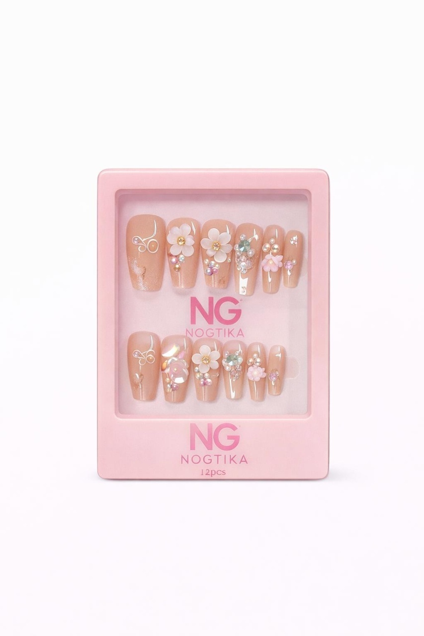 Set 12 perechi unghii false tip Press-On cu decor flori si cristale 2