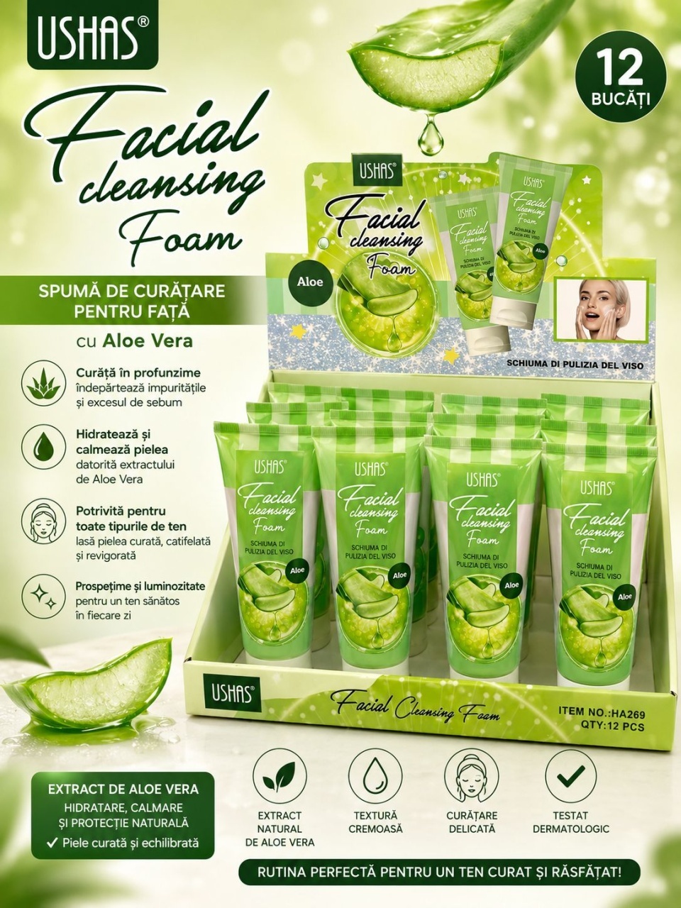 Set 12 Spuma de Curățare pentru Față USHAS Aloe Vera – Curățare Delicată, Hidratare și Calmarea Tenului 2
