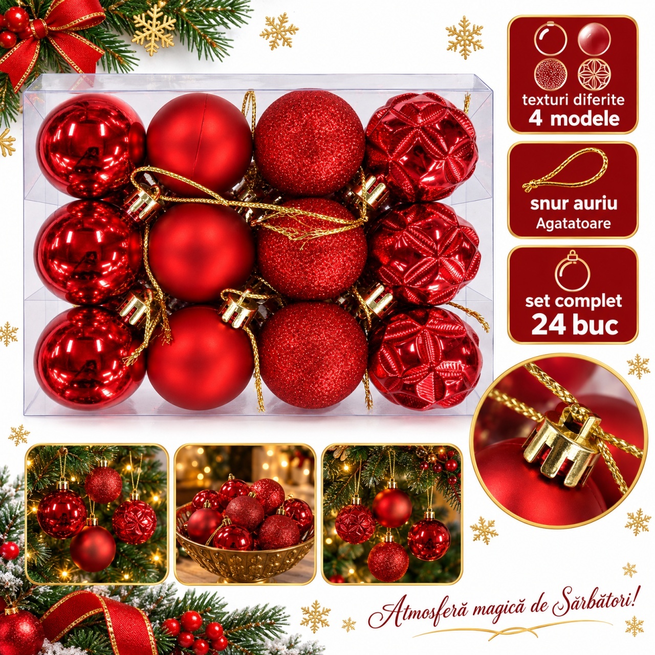 Set 24 bucăți globuri de Crăciun roșii, plastic, 4 texturi, agățătoare aurie, cutie 21x16 cm