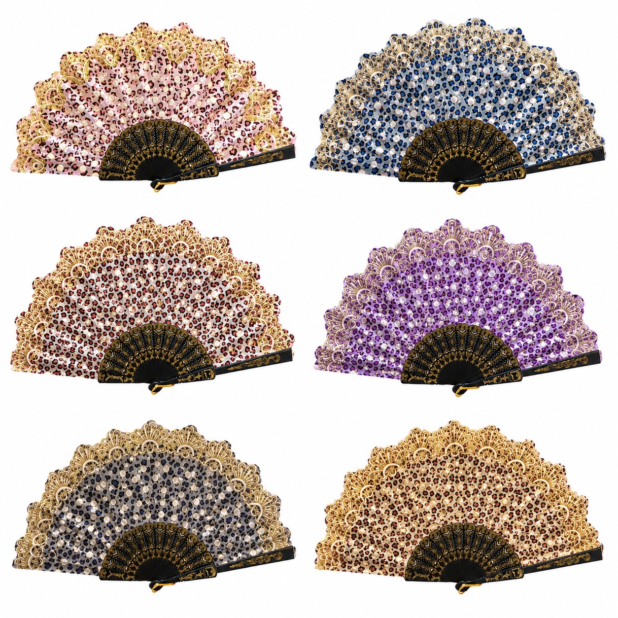Set 24 Evantaie Pliabile Leopard cu Detalii Aurii, 24 cm, Diverse Culori Elegante