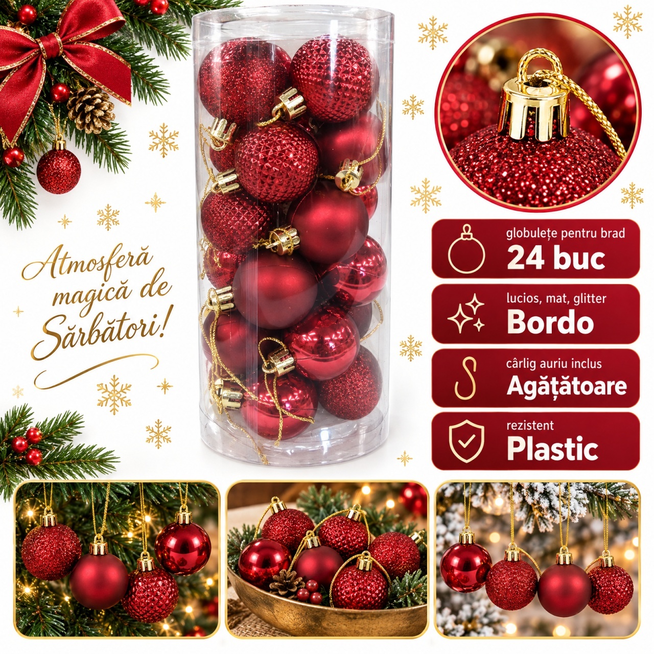 Set 24 globuri de Crăciun bordo, plastic, cu agățătoare, tub 28 x 11 cm