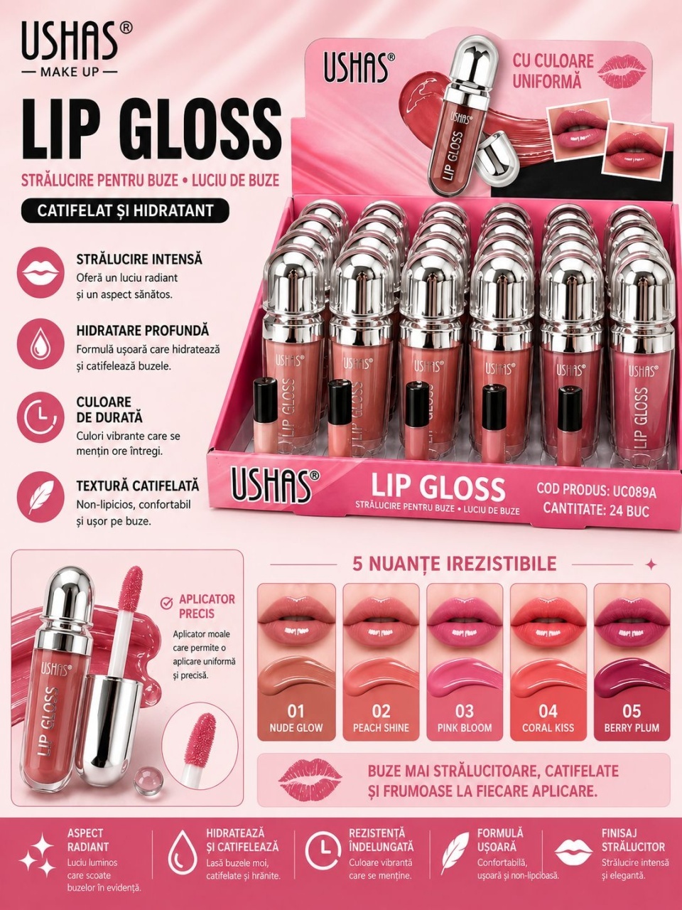 Set 24 Luciu de Buze USHAS Lip Gloss – Nuanțe Nude , Hidratare și Strălucire Intensă 2