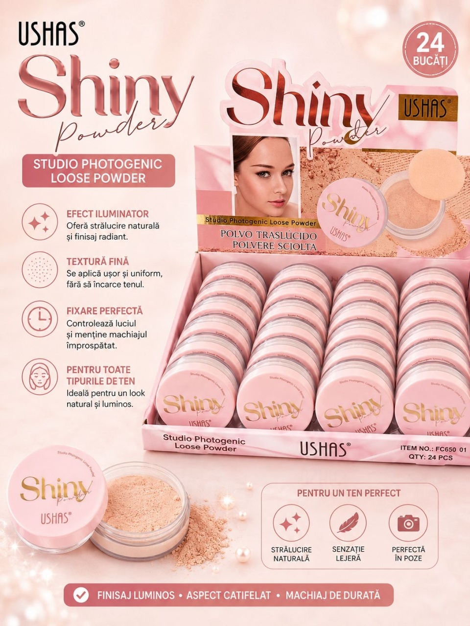 Set 24 Pudra Translucida Alba USHAS Shiny Powder – Pudră Pulbere pentru Fixarea Machiajului 2