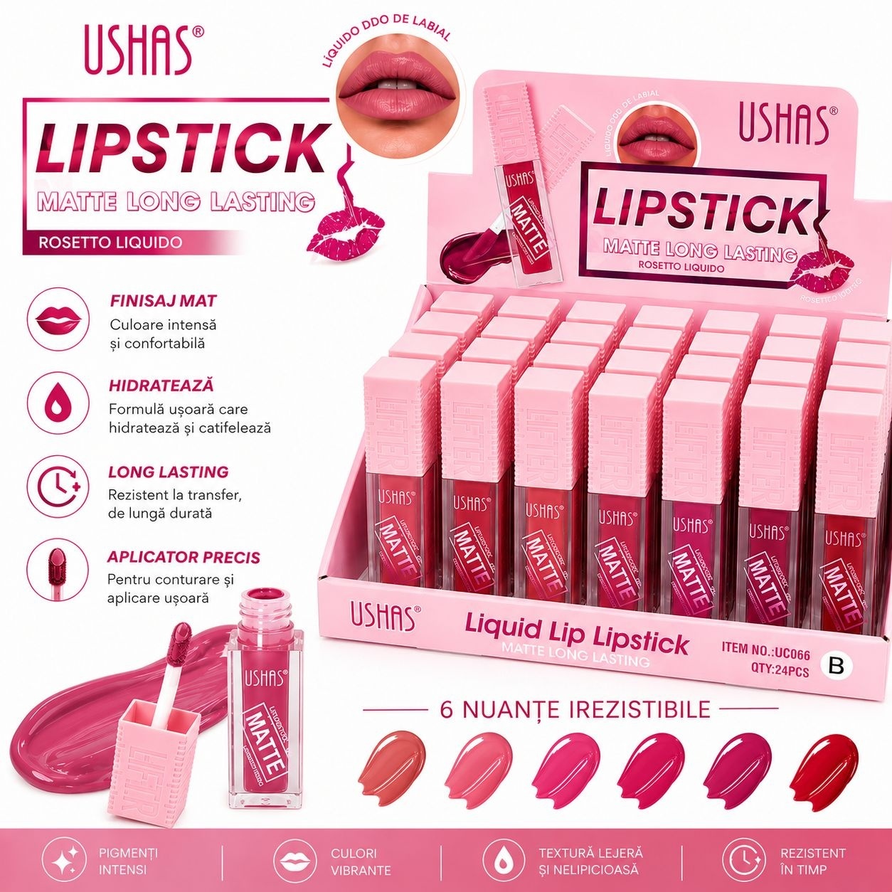 Set 24 Rujuri Lichide Mate USHAS – 6 Nuanțe Irezistibile, Rezistență Îndelungată și Finisaj Mat 2