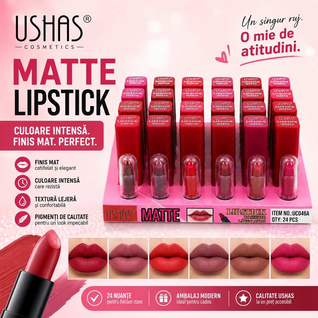 Set 24 Rujuri Mate USHAS – 6 Nuanțe Intense, Finisaj Catifelat și Rezistență Îndelungată 2