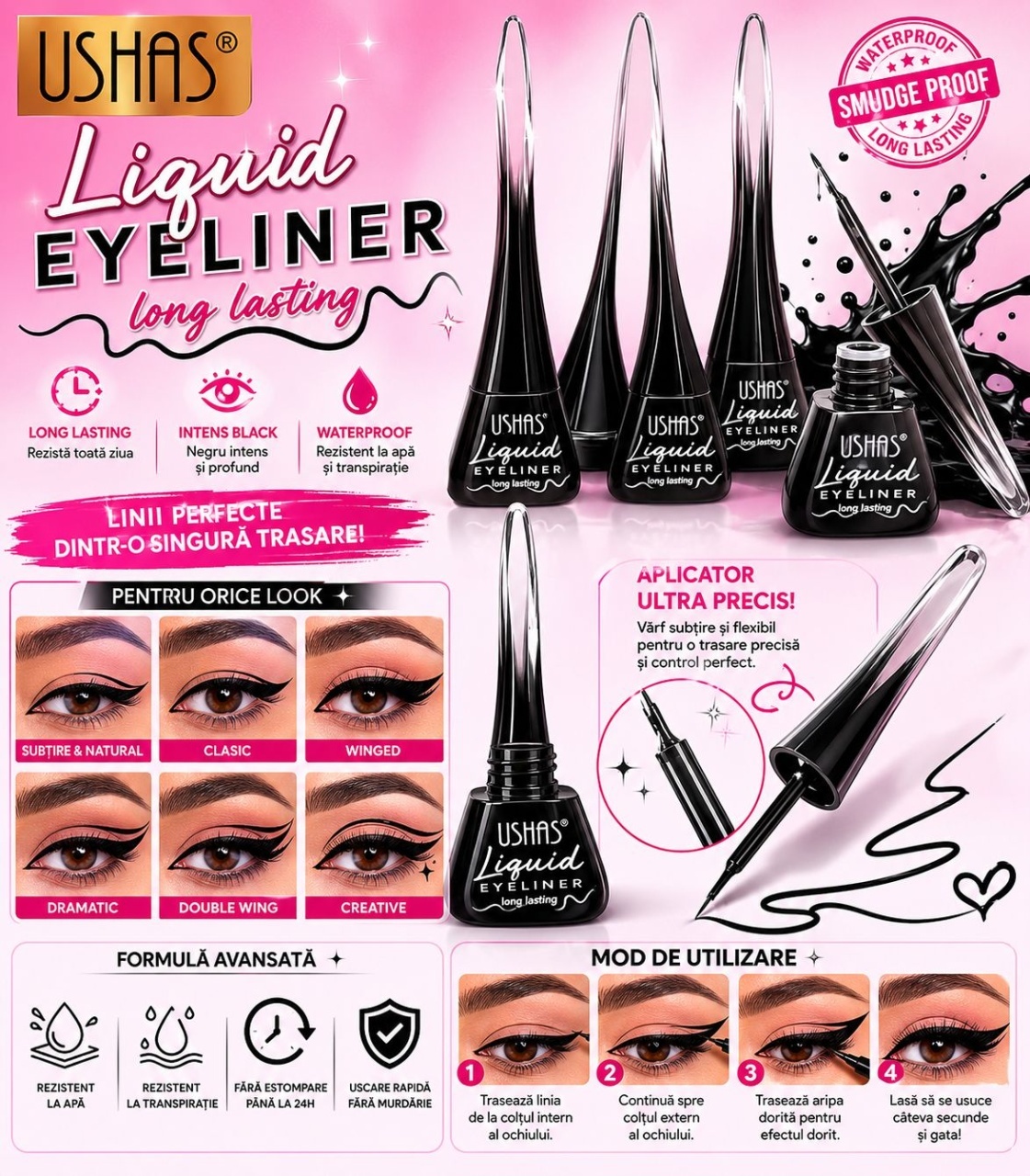 Set 24 Tuș Lichid pentru Ochi USHAS Liquid Eyeliner – Negru Intens, Waterproof, Long Lasting 2