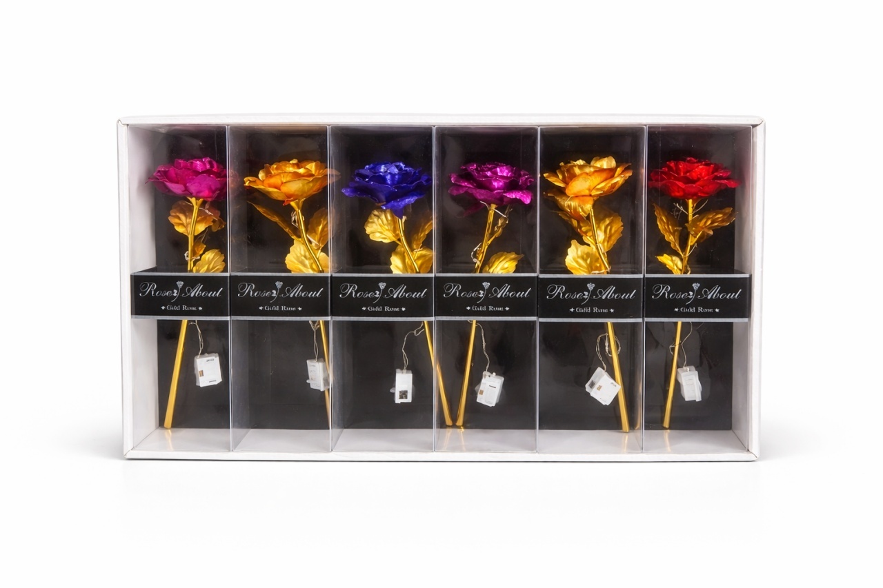Set 6 flori artificiale cu LED si baterii incluse, Gold Rose, ambalaj cadou, 26 x 7.5 cm 2