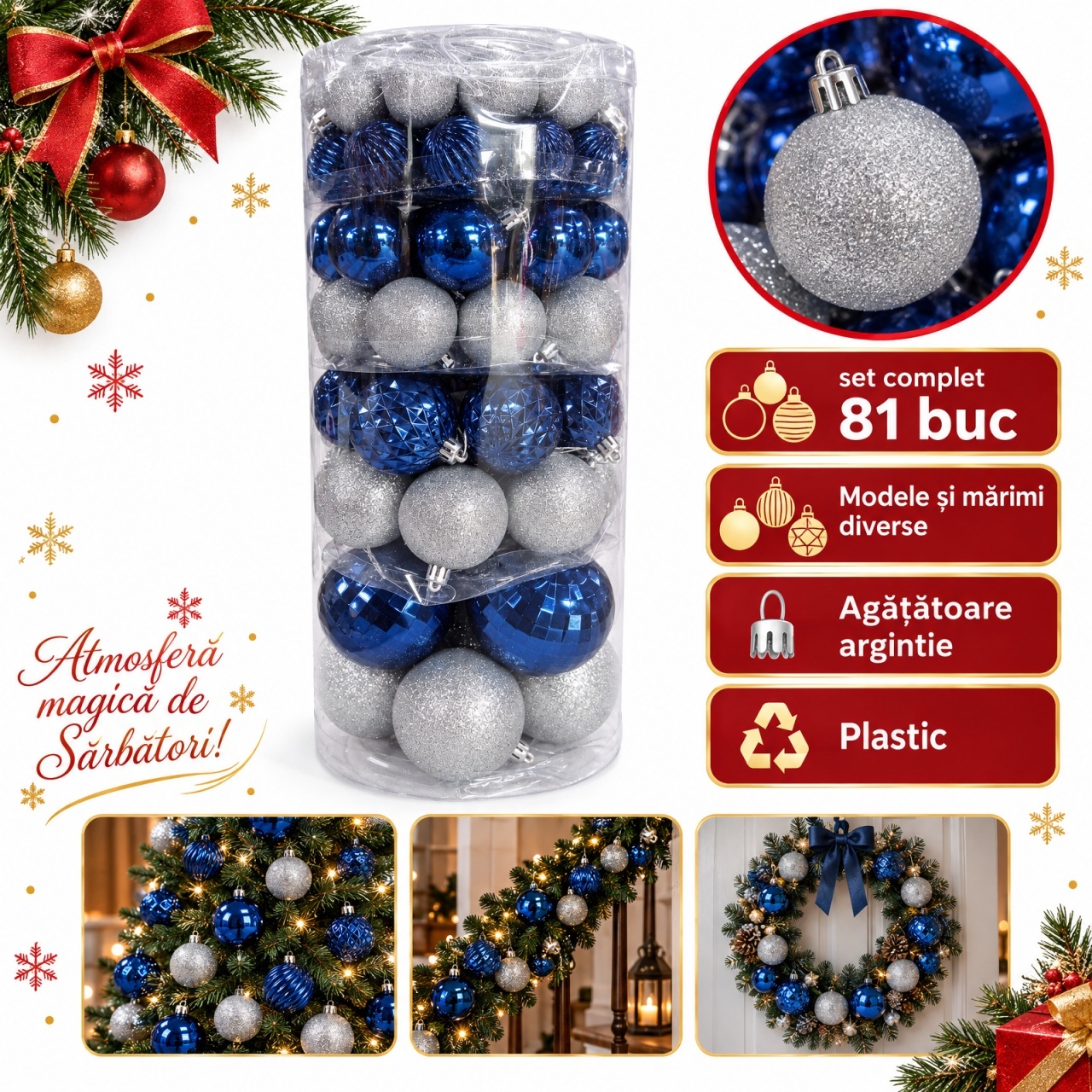 Set 81 globuri de Crăciun pentru brad, argintii și albastre, diverse modele, plastic