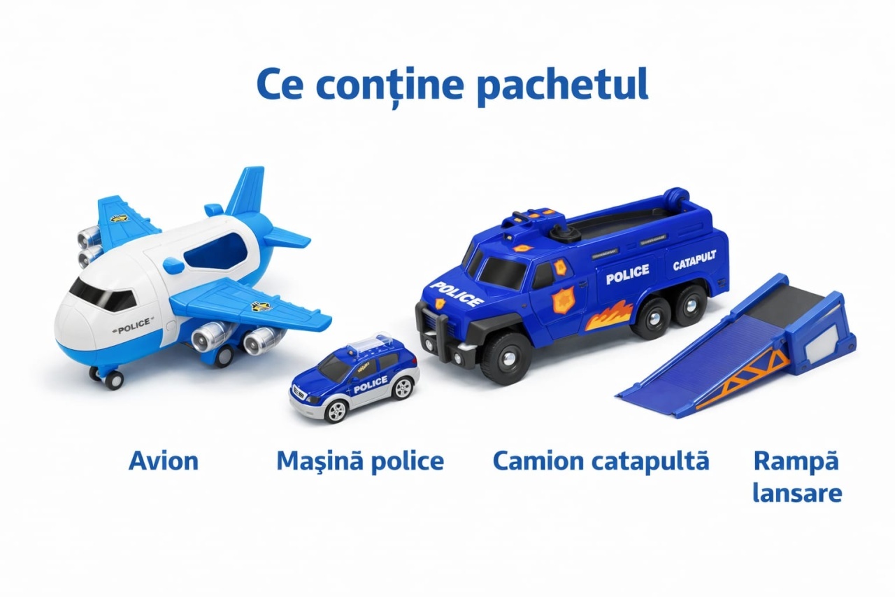 Set avion transport cu camion politie si rampa lansare, jucarie copii 3