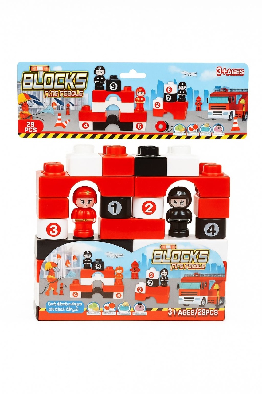 Set Blocuri de Construit , Tematica Pompieri , 29 Piese, 20x20cm