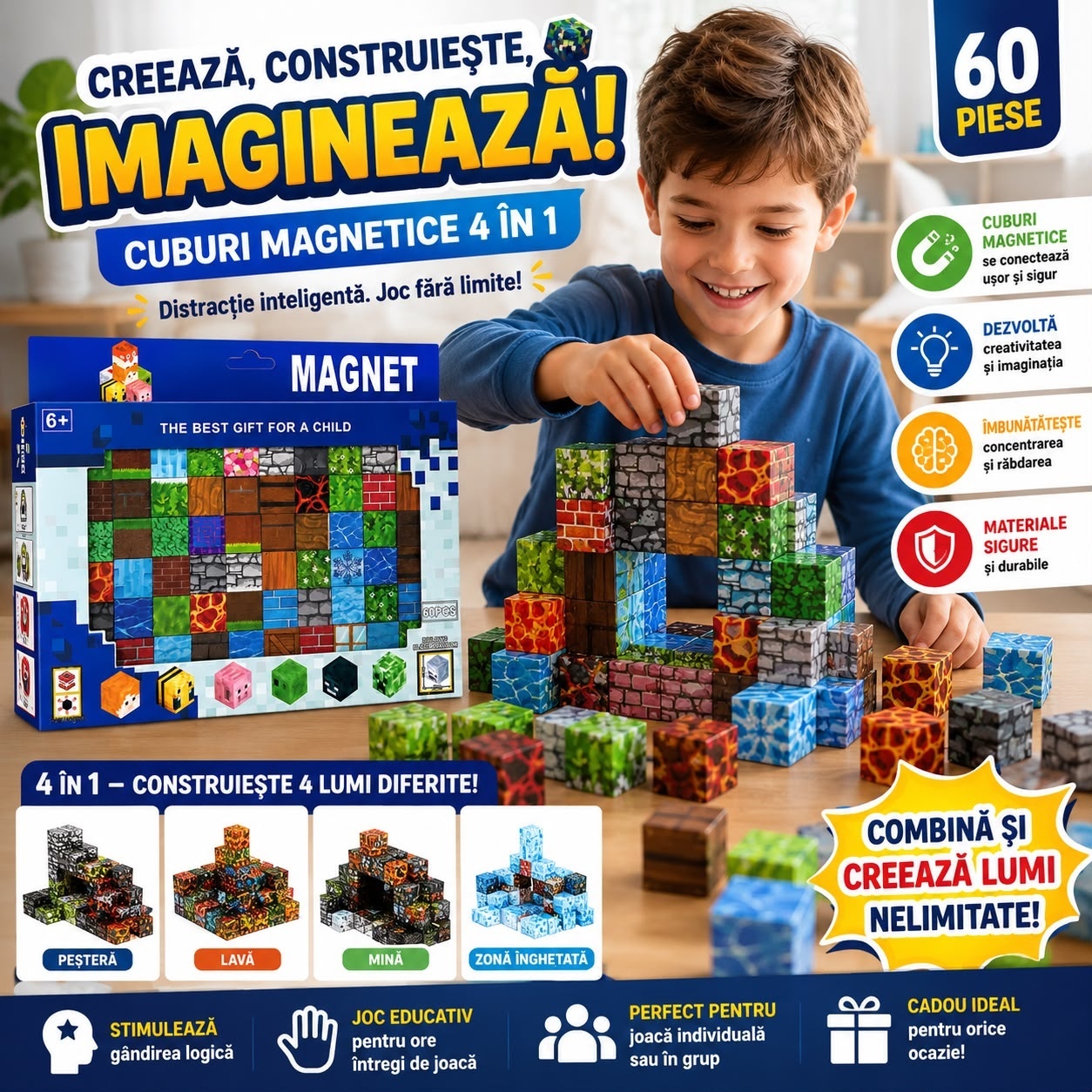 Set Cuburi Magnetice 60 Piese, Joc de Construcție Magnetic cu Blocuri Pixelate, Dezvoltă Creativitatea