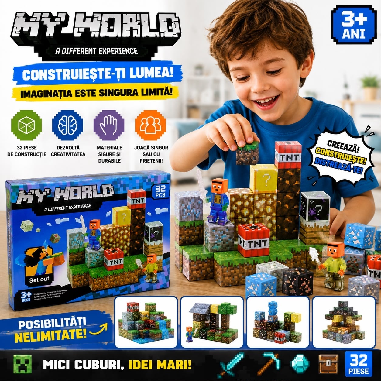 Set Cuburi Magnetice My World 32 Piese – Joc de Construcție Magnetic 3
